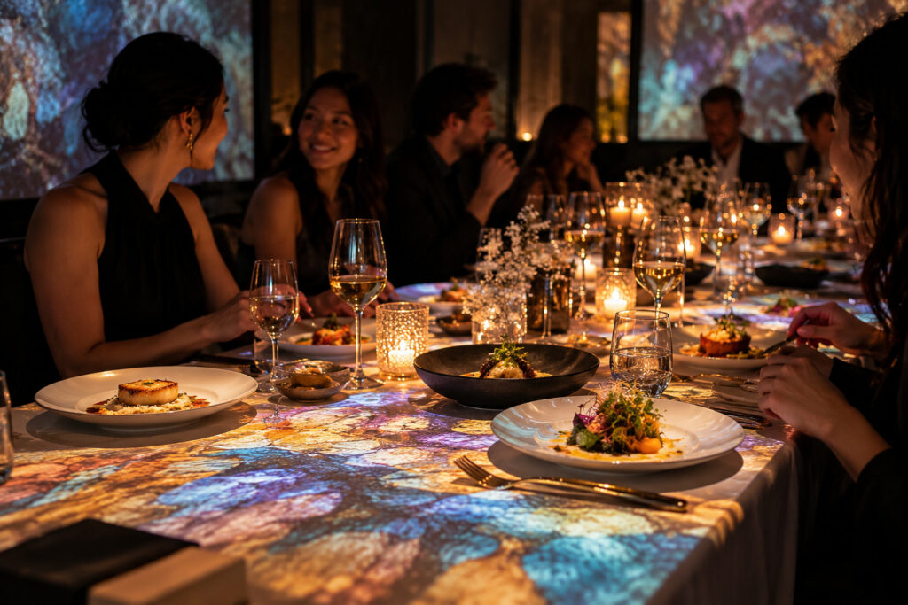 Illustration of an immersive dinner show with artistic projections and gourmet dishes inspired by 7 Paintings Montreal.