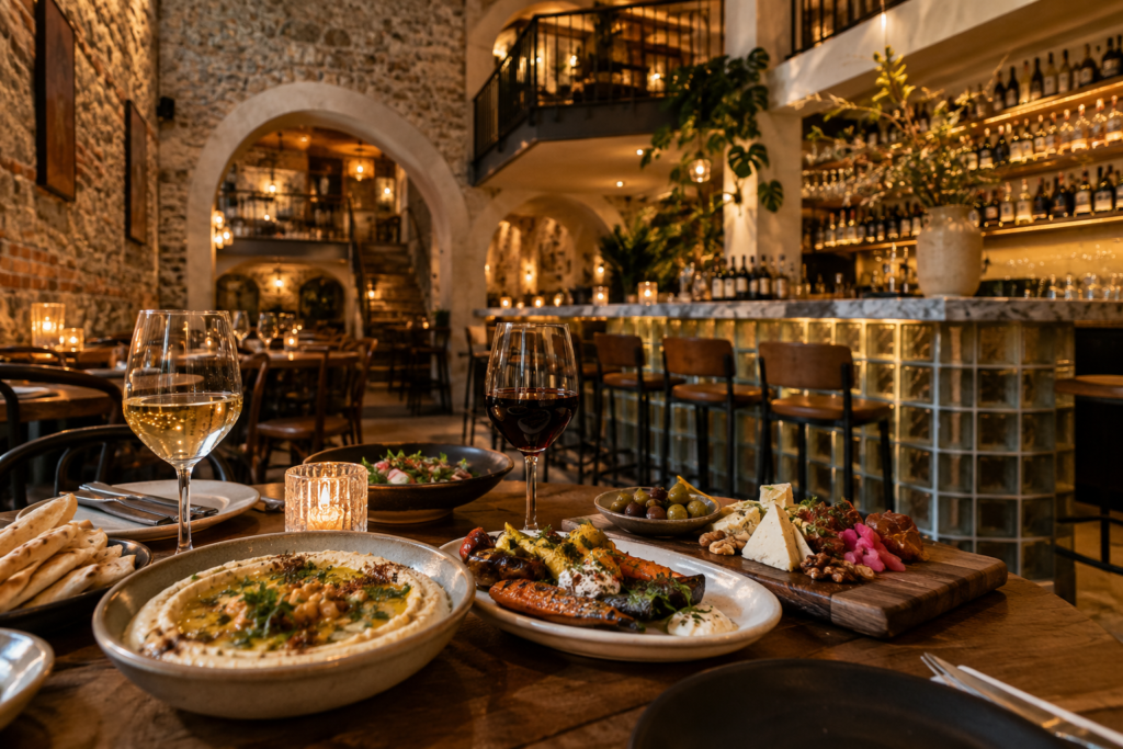 Illustration of Lebanese-Mediterranean sharing plates and wine in a warm wine bar inspired by Beyt Cave à Manger in Montreal