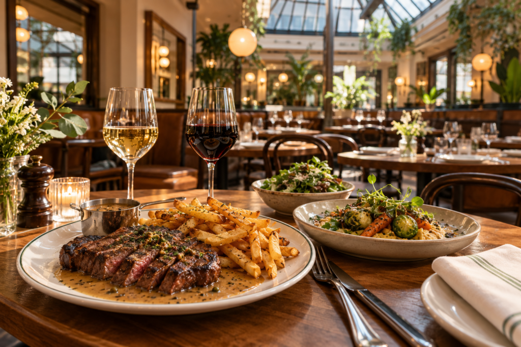 Illustration of steak frites, wine and seasonal dishes in a contemporary bistro inspired by Le Grand Comité in downtown Montreal.